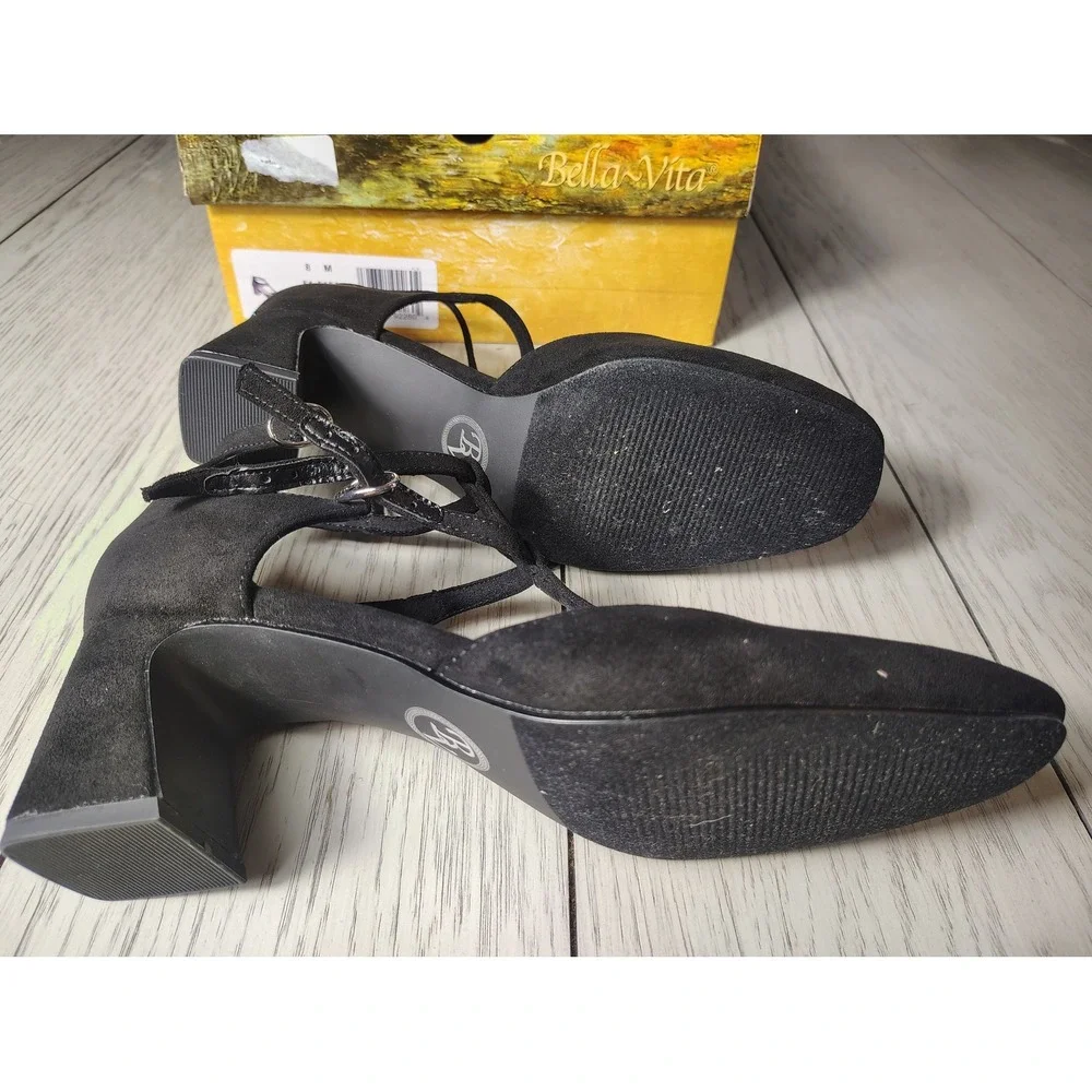 Bella Vita Harpswell Black Super Suede T-Strap Block Heel Pumps 51-5151 Mens 8M
